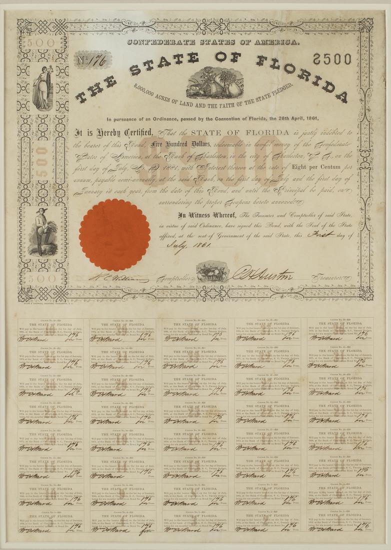 Confederate State of Florida Bond: Property of a Private Collection, Savannah, GA the bond dated 26 of April, 1861, No. 176 for $500, signed and dated July 1st, 1861, matted and framed. Frame size: 26 in. x 20 1/ 4in. By sight: H. 20 i
