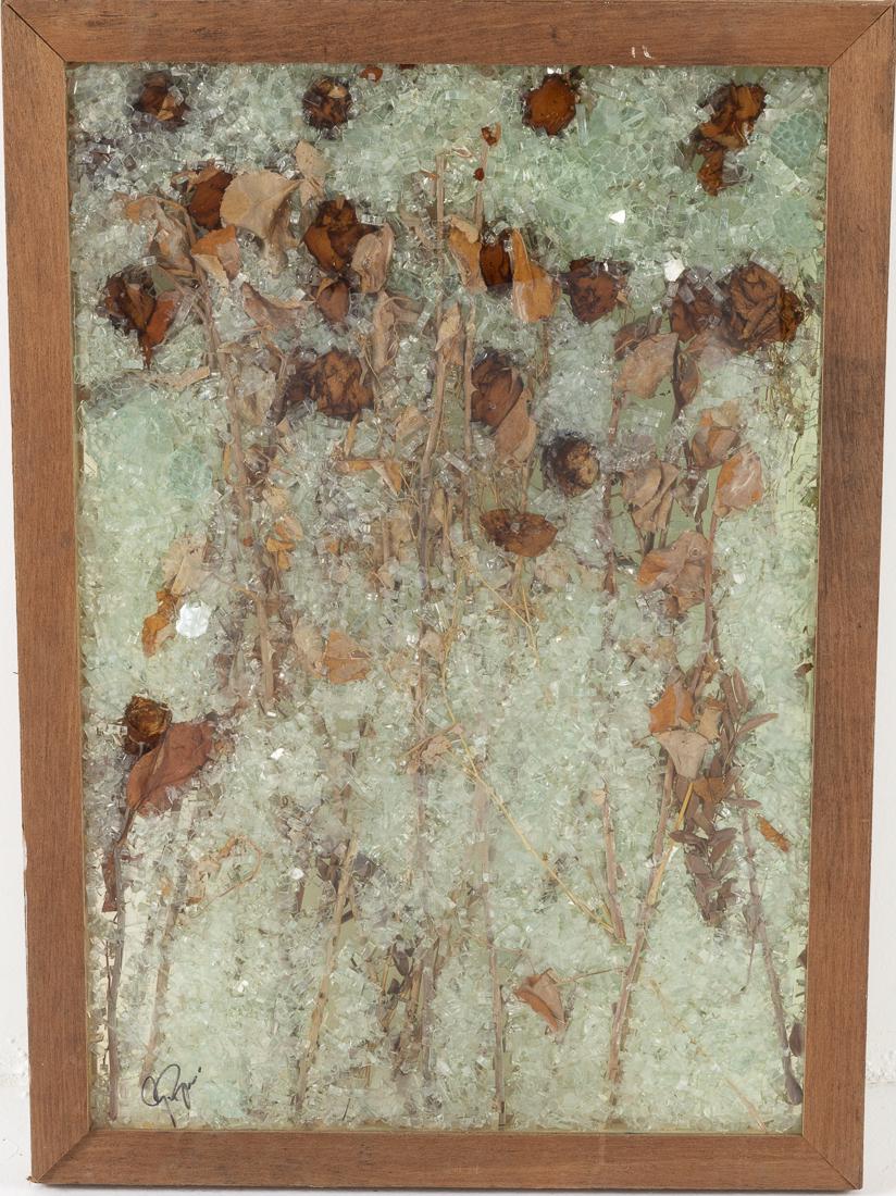John Bucci, Glass, Dried Roses, Resin Wall Sculpture: (Illinois, 1935-2019) signed bottom left. Frame size: 32 3/4 in. x 22 3/4 in. x 2 in. John Bucci, who worked from a studio in Chicago, created concept cars, one of which "La Shabbla" was exhibited at 