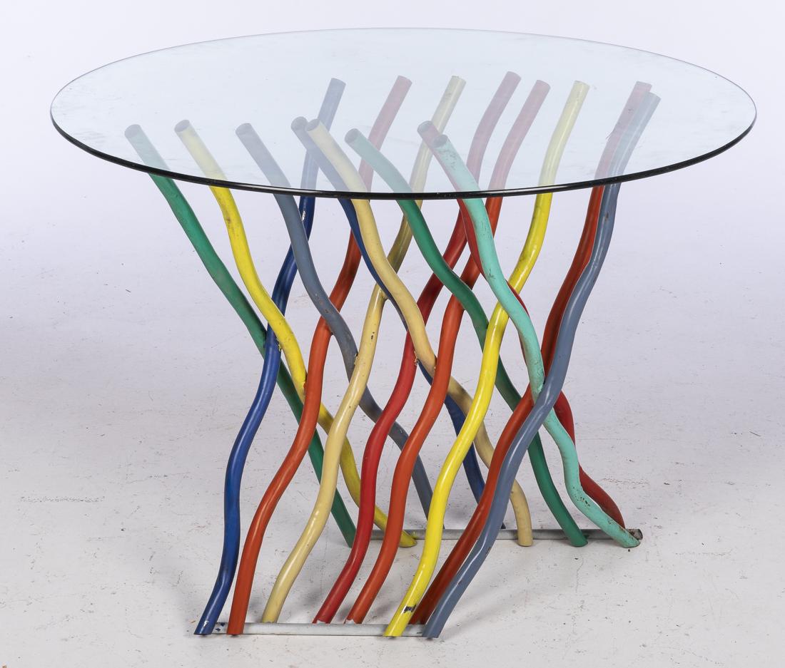 John Bucci, Multi Colored Metal Table Base: (Illinois, 1935-2019), of X form, GLASS NOT INCLUDED. Size without top: H. 32 1/2 in. x W. 33 in. x D. 16 in. John Bucci, who worked from a studio in Chicago, created concept cars, one of which "La Sh
