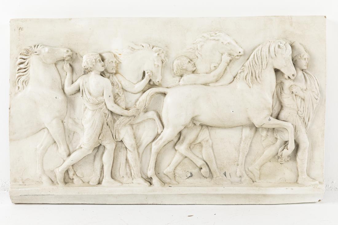 John Bucci, Fiberglass Panel, After Classical Relief: (Illinois, 1935-2019), depicting a procession of figures and horses. H. 24 in. x W 40 1/2 in. D. 3 in. John Bucci, who worked from a studio in Chicago, created concept cars, one of which "La Shabbla" 