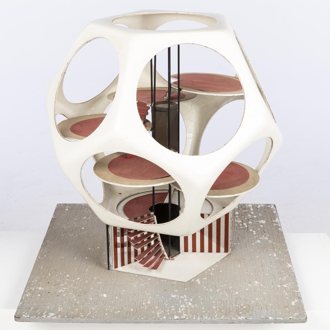 John Bucci (Illinois, 1935-2019), House Model: (Illinois, 1935-2019), the 12-sided house with circular stairs. Size of house: H. 25 in. x W. 24 in. John Bucci, who worked from a studio in Chicago, created concept cars, one of which "La Shabbla" wa