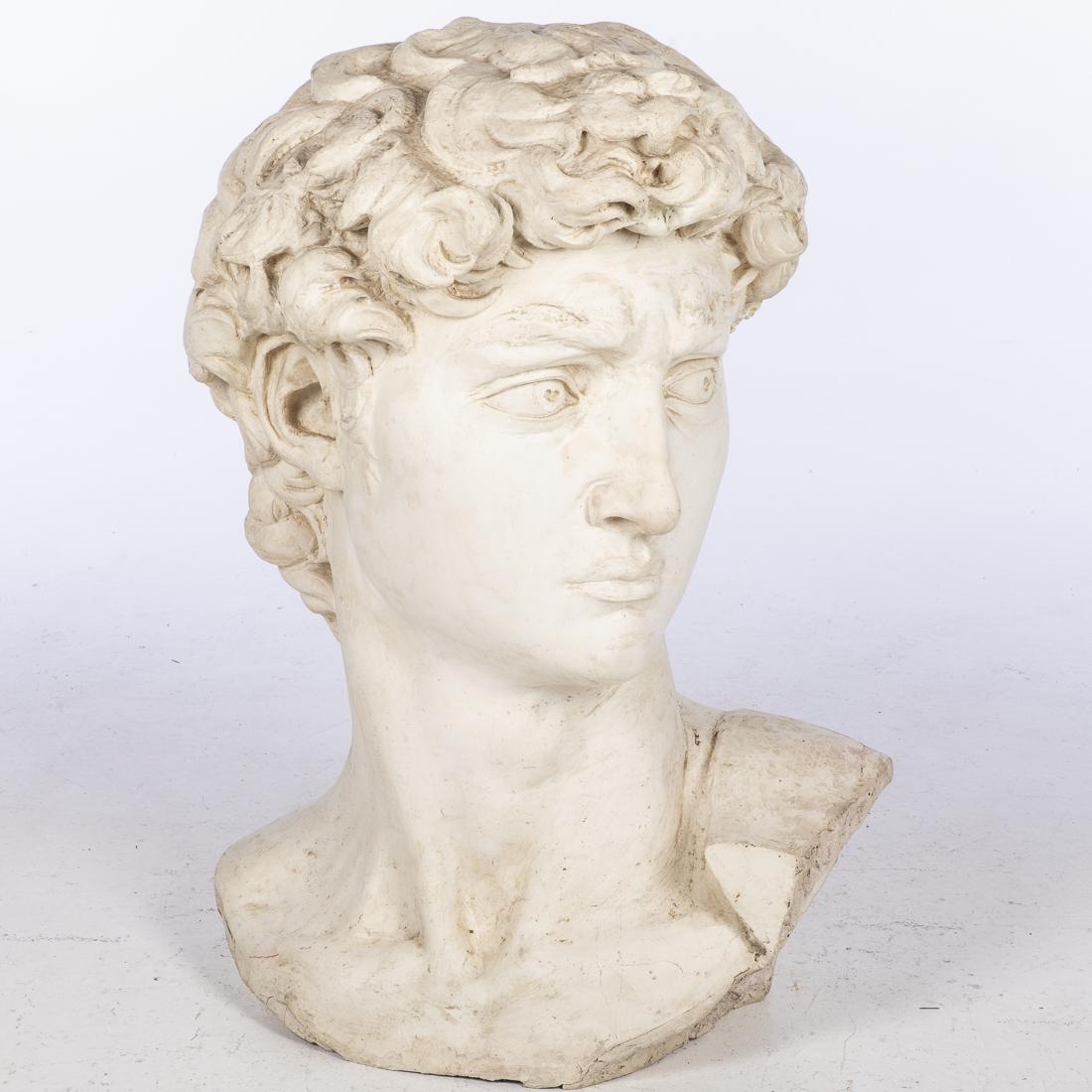 John Bucci, After Michelangelo's David, Fiberglass: (Illinois, 1935-2019), fiberglass replica of the head of Michelangelo's David. H. 33 in. x W. 31 in. x D. 26 1/2 in. John Bucci, who worked from a studio in Chicago, created concept cars, one of which