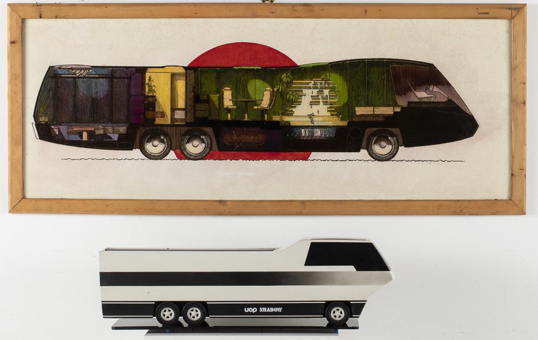 John Bucci, UOP Shadow Mobile Villa Model &Print: (Illinois, 1935-2019), comprising a fiberglass model of 'UOP Shadow' race support vehicle, similar to The Executive van but with additional wheels, and a print of the concept art for the Mobile Villa,
