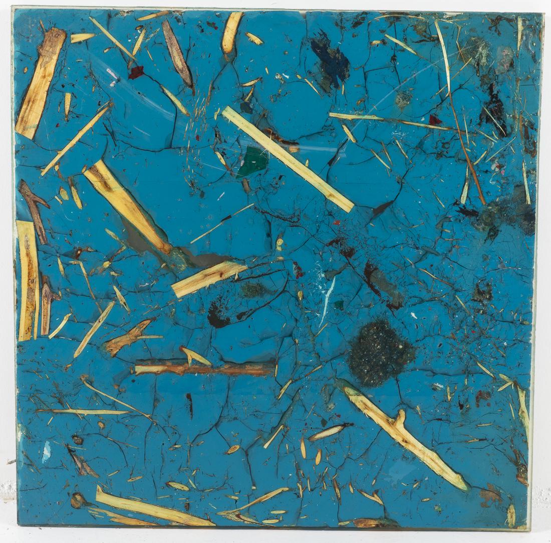 John Bucci, Resin and Mixed Media Table Top: (Illinois, 1935-2019), in tones of teal with natural wood. H. 1 in. x W. 34 1/2 in. x D. 34 1/2 in. John Bucci, who worked from a studio in Chicago, created concept cars, one of which "La Shabbla" was