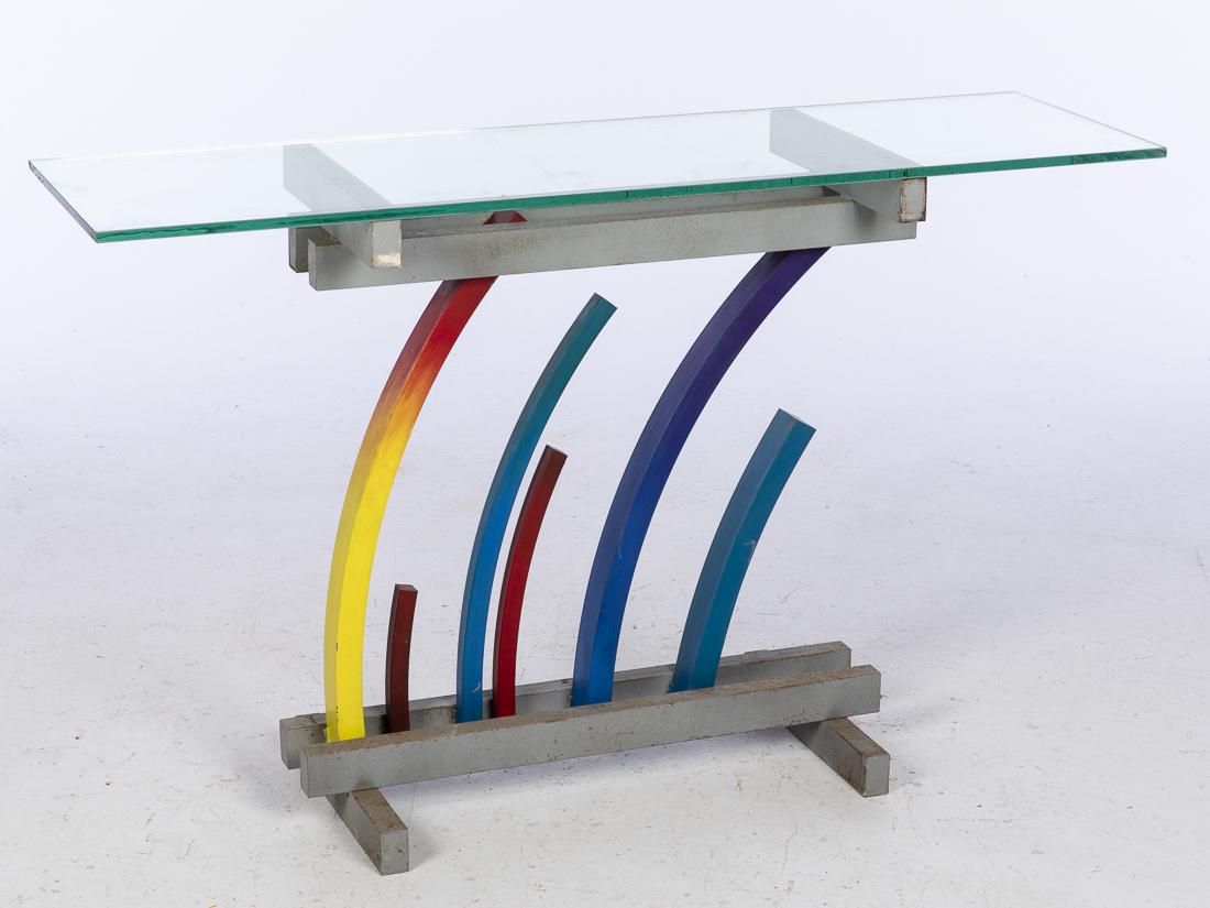 John Bucci, Colored Arched Metal Console Table Base: (Illinois, 1935-2019) with curved multi-colored uprights. GLASS TOP NOT INCLUDED. H. 29 in. W. 28 1/2 in. D. 13 3/4 in. John Bucci, who worked from a studio in Chicago, created concept cars, one of wh