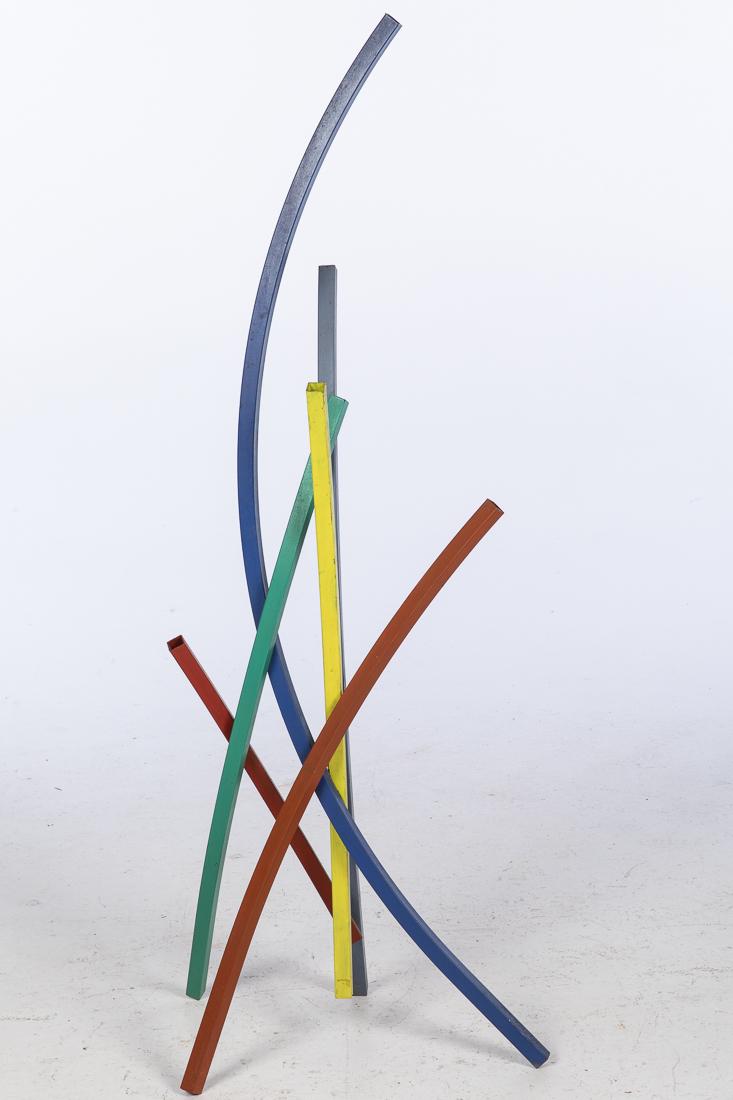 John Bucci, Multi Colored Metal Sculpture: (Illinois, 1935-2019), signed on the base. H. 54 in. x W. 17 in. x 13 in. John Bucci, who worked from a studio in Chicago, created concept cars, one of which "La Shabbla" was exhibited at the Cavalcad