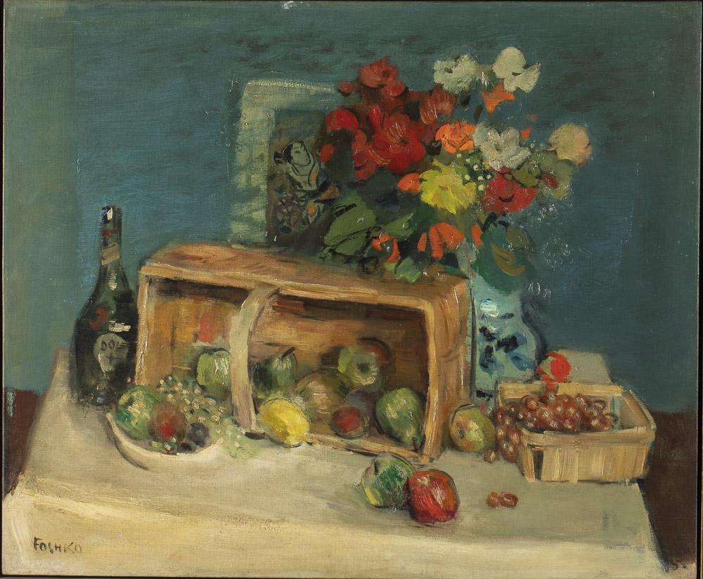 Josef Foshko, Large Still Life, Oil on Canvas: Property from the Estate of Judie Weiss Formerly in the Collection of Moses Weiss, NYC (NY/Russian Federation, 1891-1971), Oil on Canvas, signed lower left, still life with vase of flowers, fruit, Jap