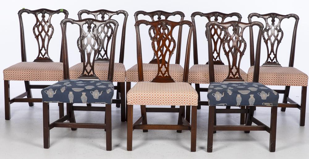 Set of 8 George III Style Dining Chairs, 20th C.: Property from a Savannah, GA Estate all side chairs, two with different upholstery, each with pierced back above an overupholstered seat raised on square legs joined by stretchers. H. 38 in. x W. 21 i