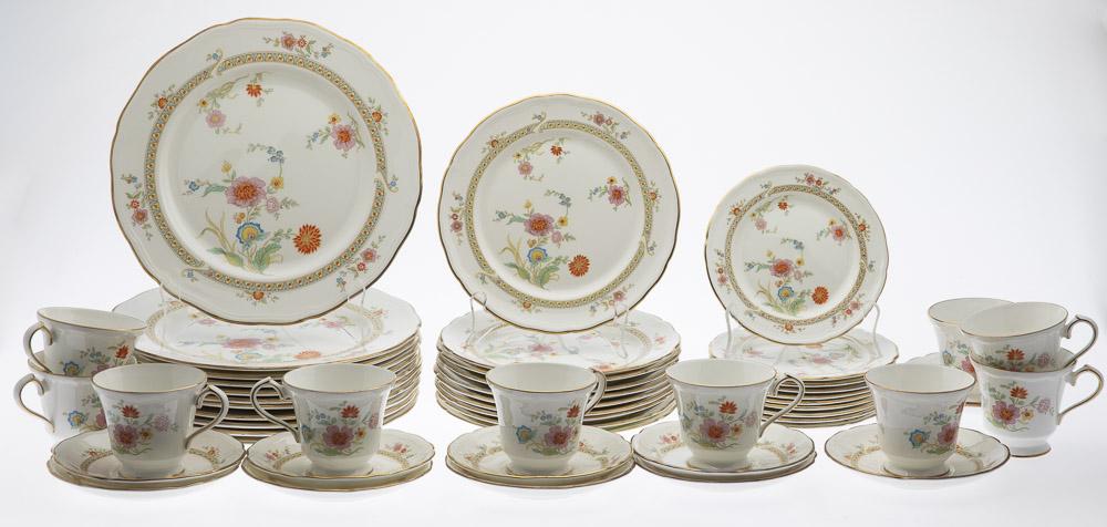 Aynsley Shangri-La Porcelain Dinner Service, 54 Pcs: Property from a Private Collection, Hilton Head Island, SC comprising 11 dinner plates, 10 bread plates, 10 cups, 10 saucers, 10 salad plates, 1 olive dish, bowl and vase, all marked 'Aynsley, Made in