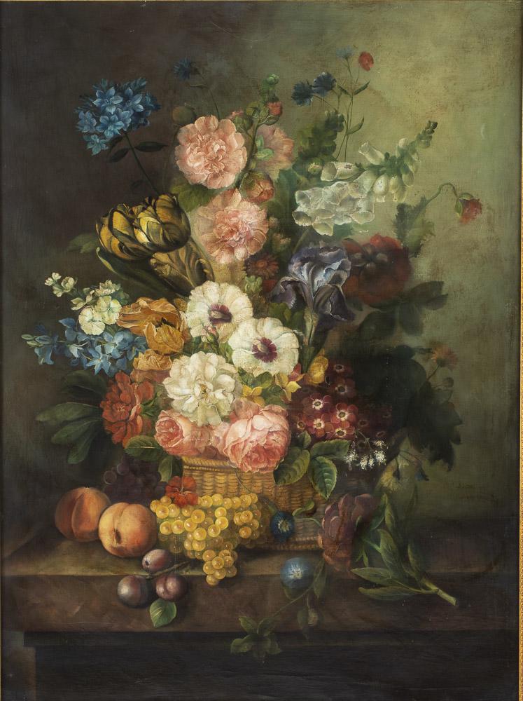 Dutch School, Large Floral Still Life, Oil on Canvas: Property from a Savannah, GA Estate 20th century, unsigned, oil on canvas. Frame size: 55 in. x 42 1/4 in. By sight: H. 50 1/2 in. x W. 37 1/2 in.