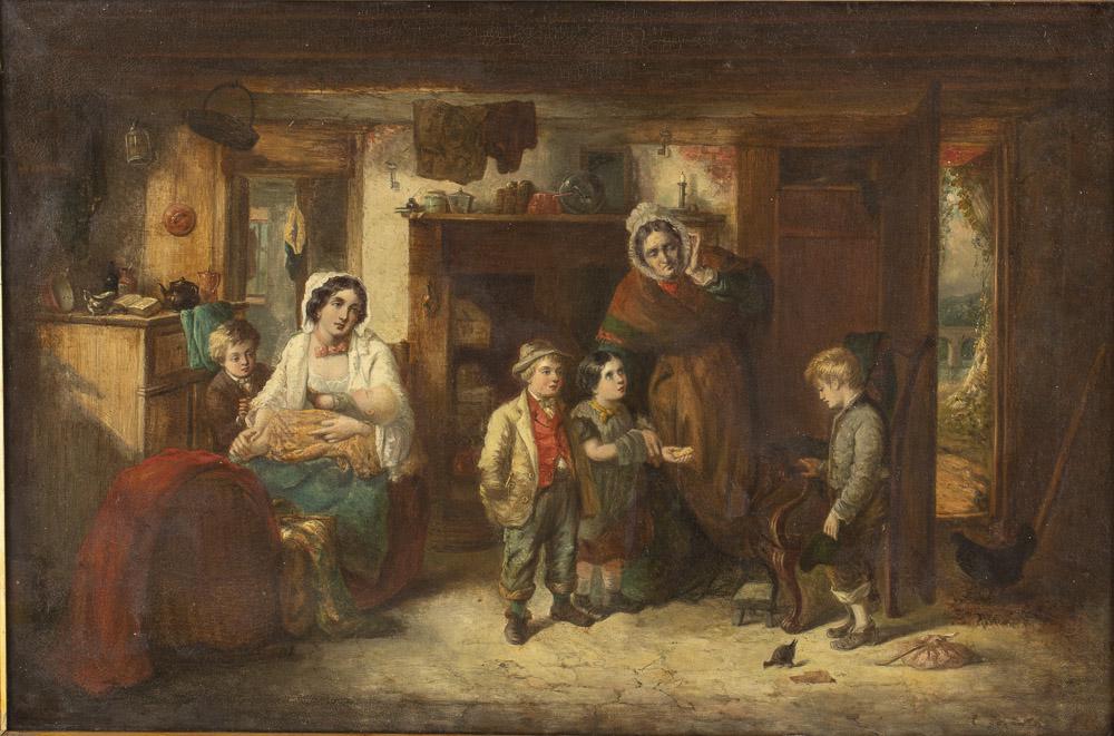 British School, Interior Scene, 19th Century: Property of a Savannah, GA Collector unsigned, depicting mother, grandmother, four children and a baby in an interior, with stencil on the back of the canvas, in a giltwood frame. Frame size: 35 in.