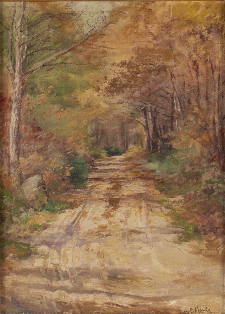 Lucy Marks, Landscape with Roadway, Oil on Canvas: Property from a South Carolina Collector (CA/IA, 1857-1959), oil on canvas, signed lower right, depicting road through the woods, in a giltwood frame. Frame size: 29 in. x 23 in. By sight: H. 21 in. x