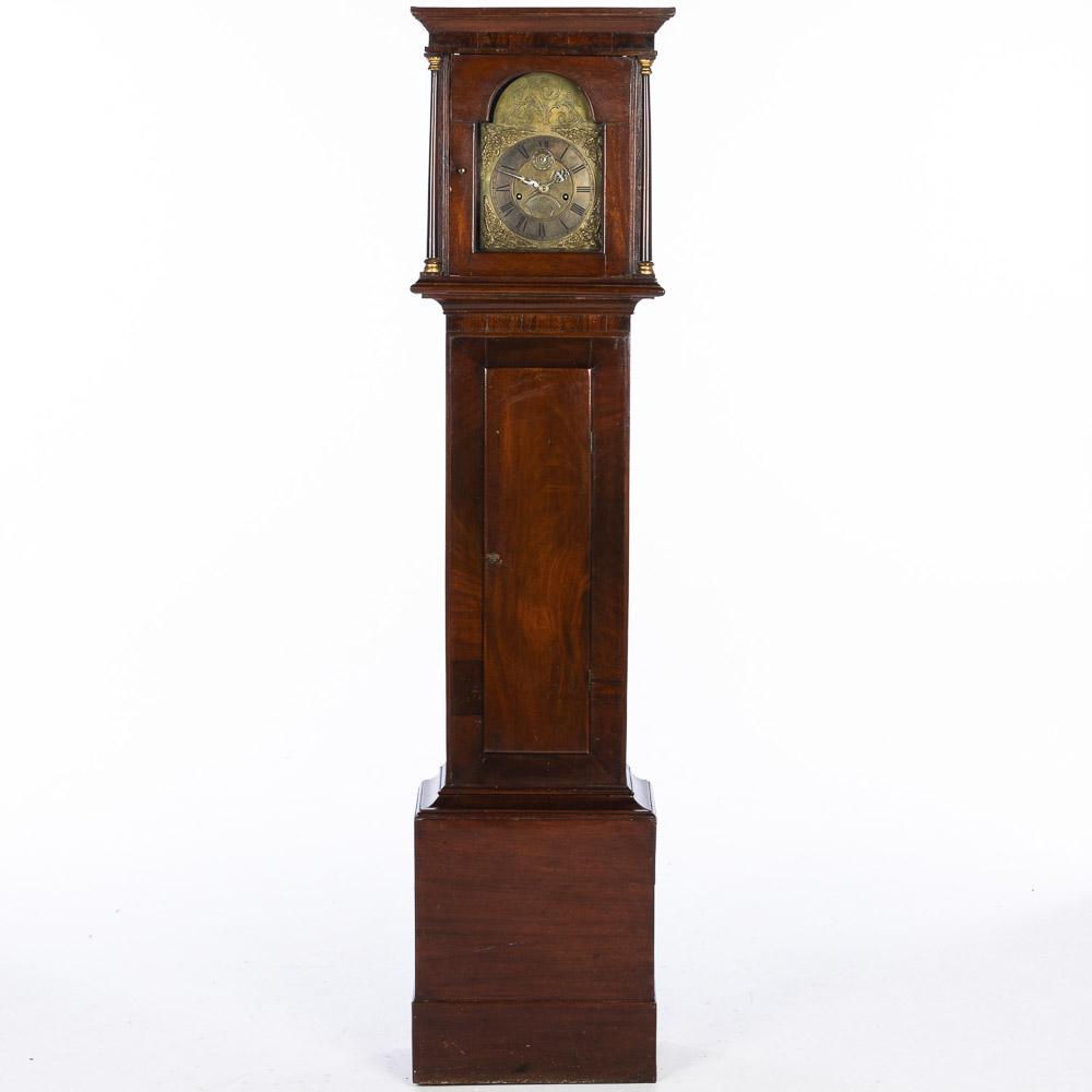 English Mahogany Tall Case Clock, 19th Century: Property from the Collection of Lady Grundy, Cocoa Beach, FL English Mahogany Tall Case Clock, 19th Century, with brass dial marked Tudor Smith, St. Clement Dane, London, with two train movement, Roma