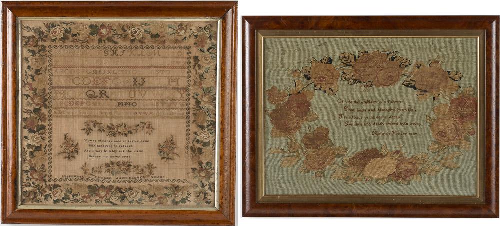 Two Framed Needleworks: Property of Greenwich / Dataw comprising a sampler by Josephine G. Parker, Age 11 years, embroidered with alphabet, poem and floral border and a needlepoint by Hannah Kaizer 1867 with poem within bord