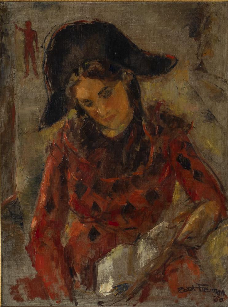Robert Freiman, Harlequin, Oil on Canvas, 1950: Property from the Estate of Judie Weiss Formerly in the Collection of Moses Weiss, NYC (New York, 1917-1991), 1950, signed and dated lower right, depicting figure in red harlequin costume with hat, in