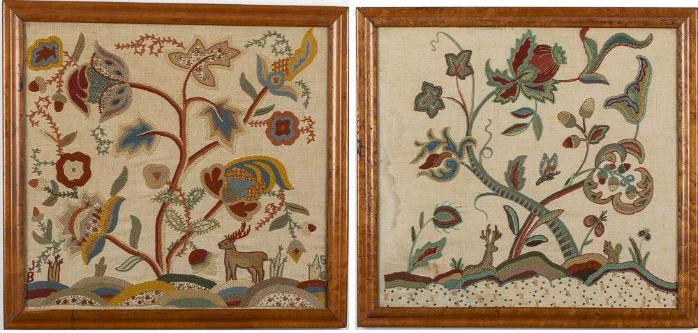 Two Framed Crewelwork Pieces: Property of Greenwich / Dataw one signed JB '56 with deer and flowers, H. 22 in. x W. 23 in., the other unsigned with deer, flowers and butterfly H. 21 1/2 in. x W. 23 in., both in bird's eye maple fr