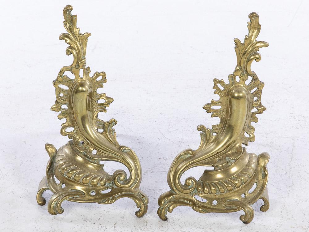 Pair of Louis XV Style Andirons: Property from a Private Collector, Bluffton, GA Pair of Louis XV Style Andirons. Height: 17 in. x Width: 10 in. x Depth: 18 in.