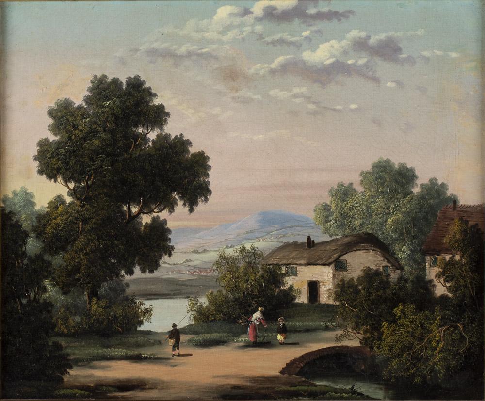 British School, Landscape Scene with Figures: Property of a Private Collection, Savannah, GA oil on canvas, depicting figures in a bucolic landscape with thatched cottage and mountain in the background. Frame size: 25 1/2 in. x 29 3/4 in. By sigh