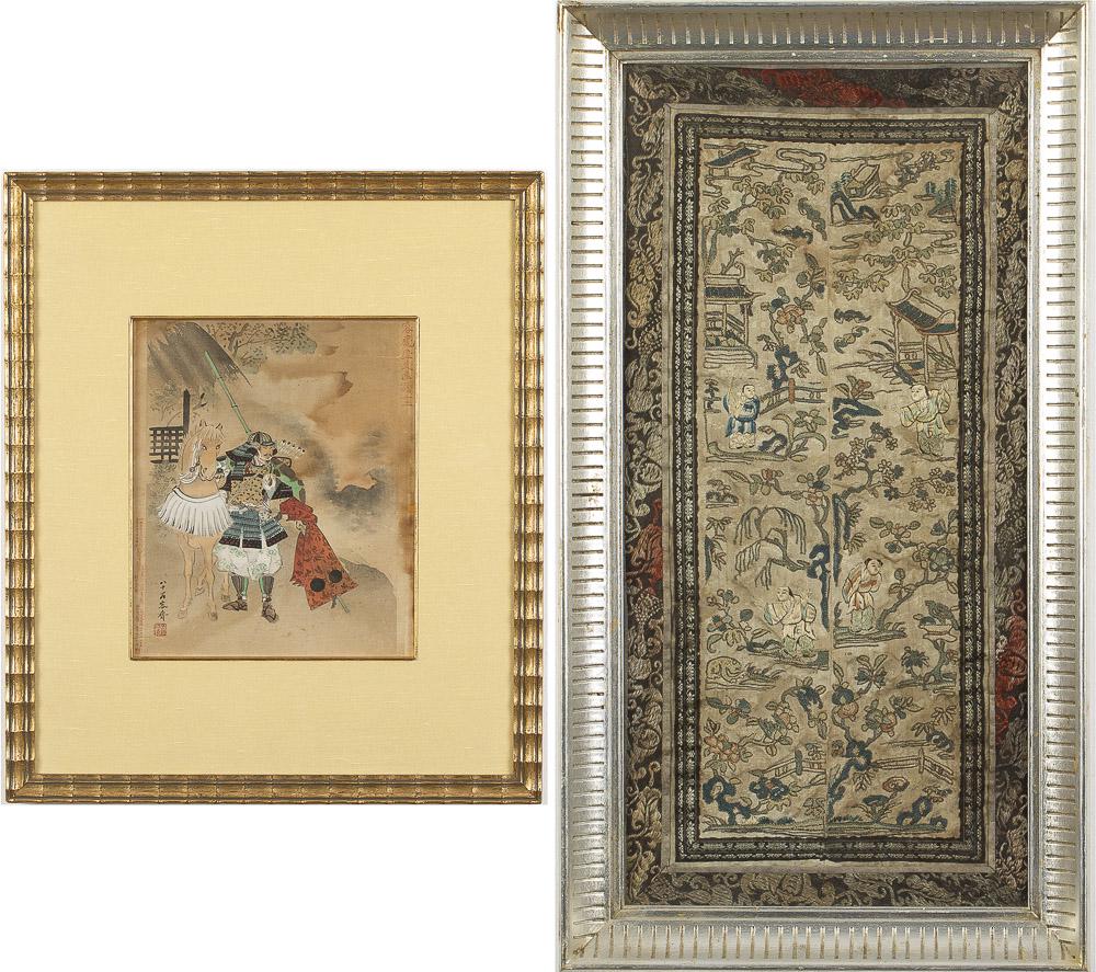 Japanese Painting and a Chinese Embroidery: Property from a Savannah, GA Estate Japanese Painting of Warrior and Horse signed lower left (Frame size: 17 in. x 14 3/8 in., sight size 9 in. x 7 1/2 in.) and a Chinese Framed Embroidery. Size of em