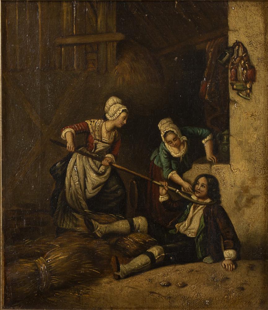 British School, Amusing Barn Scene: Property of a Private Collection, Savannah, GA painting of 2 women and a man in a barn, oil on canvas, unsigned, the man in compromised position with pitch fork around his neck and two maidens teasing