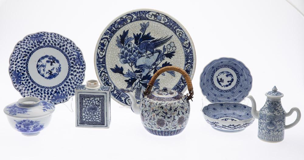 Group of 8 Chinese Blue and White Porcelain Articles: Property from a Savannah, GA Estate comprising a small teapot (with hairline crack across handle, frit to opening of spout, chip to top of lid, glaze blemish and hairline crack by base of spout, and m