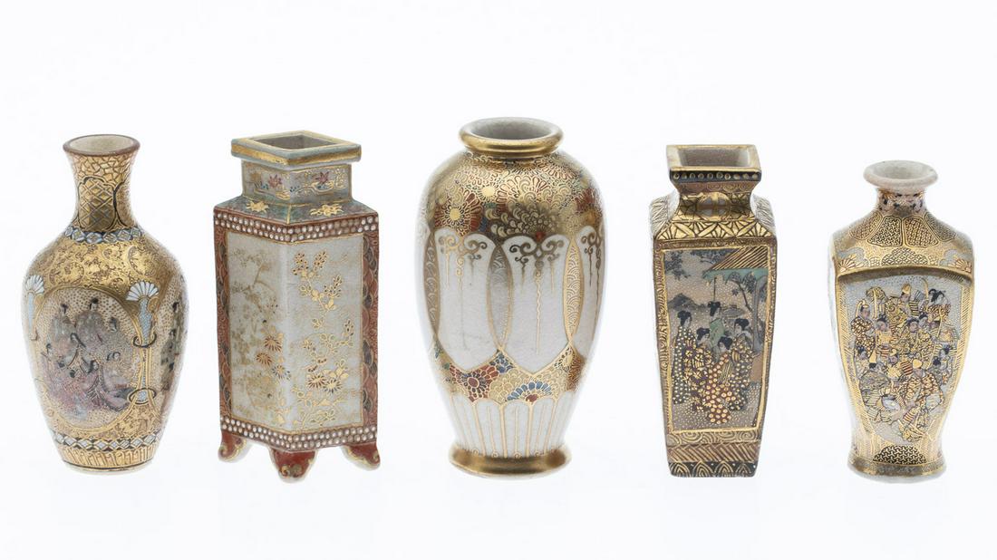 5 Miniature Satsuma Vases: 5 Miniature Satsuma Vases, comprising a square vase (3 1/2 in.) decorated with figures (marked in black and gold on base), a square tapering vase (3 1/2 in.) decorated with figures, a diamond shaped v