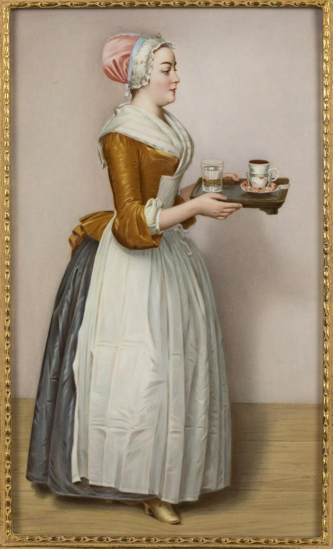 KPM Plaque of Woman Serving Tea: KPM Plaque of Woman Serving Tea, with impressed KPM mark above 'Sz' and incised number 330-208. in a giltwood frame. Frame size: 15 1/4 in. x 10 1/4 in. MEASURMENTS: Height: of plaque 12 3/4 in. x Wid
