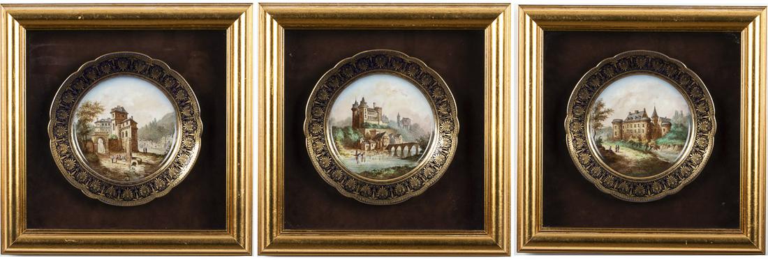 3 Sevres Framed Plates, C. 1846: 3 Sevres Framed Plates, C. 1846, one depicting the Chateau of Bourg Argental, one with the Chateau of Pau, and one with the Chateau of Guerche, all with Sevres mark, Reign of Louis Philippe seal, and