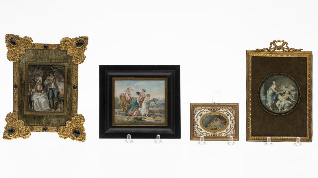 4 Miniatures of 18th Century Scenes: 4 Miniatures of 18th Century Scenes, comprising a depiction of two nude reclining females with satyr in a gilt-metal and pink and white enamel frame (small loss to paint on right edge in flowers, wear