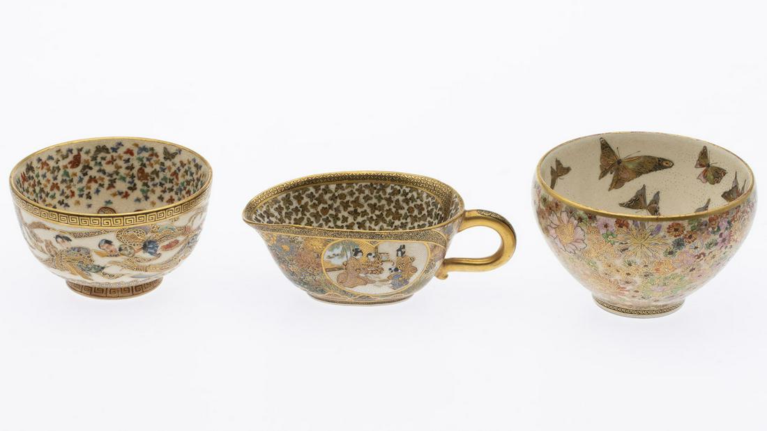 2 Satsuma Miniature Tea Cups and a Sauceboat: 2 Satsuma Miniature Tea Cups and a Sauceboat, comprising a cup decorated with mille fleur on exterior with butterflies in interior (marked in black and gold on base), another smaller cup (2 in. x 3 5/