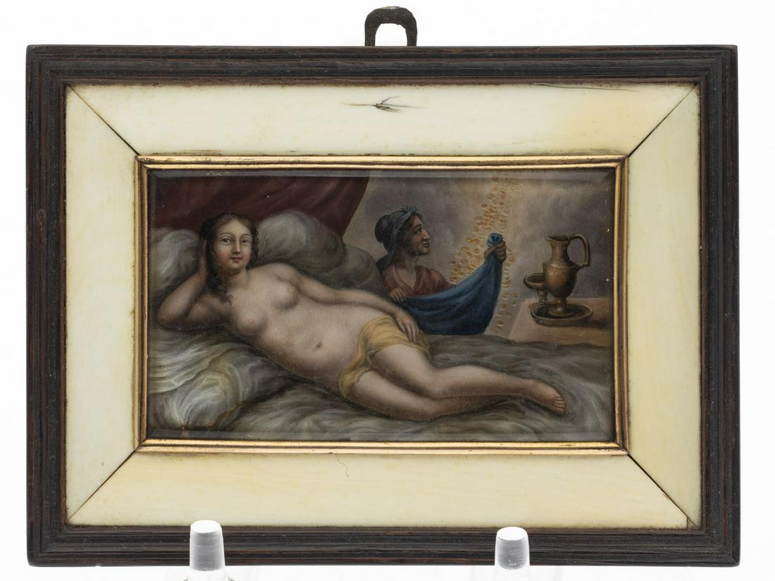 Miniature of a Reclining Nude, Probably 18th C: Unsigned, Miniature of a Reclining Nude, Probably 18th Century, depicting a reclining nude on a bed with another female figure behind the bed, in a wood frame. Frame size: 3 3/8 in. x 4 5/8 in. MEASUR