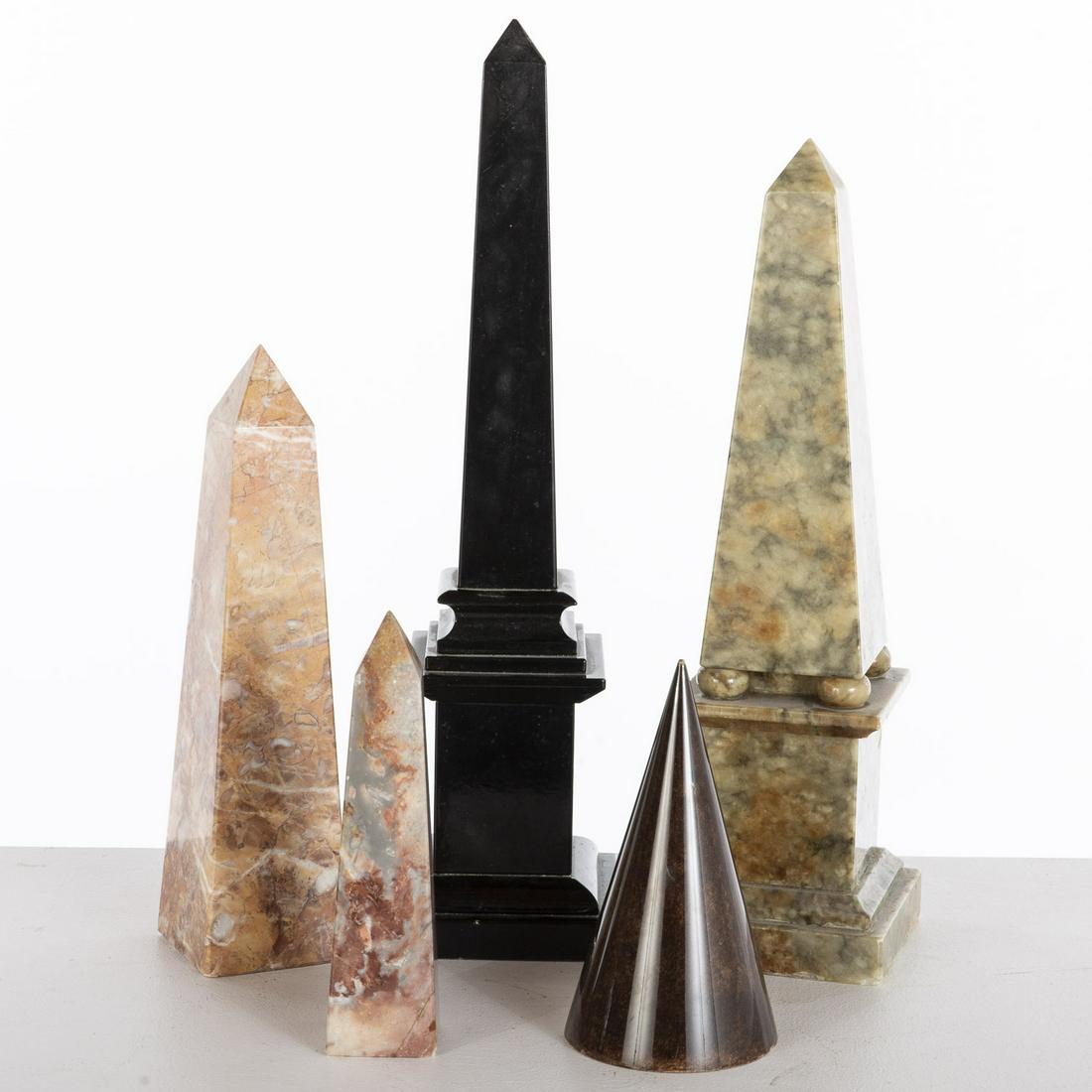 4 Stone Obelisks and a Lacquered Cone: 4 Stone Obelisks and a Lacquered Cone, comprising a green stone obelisk (with label 'another CA-A, Deane Taylor import' on base, with wear and chips to edges), a smaller pink stone obelisk (with wear