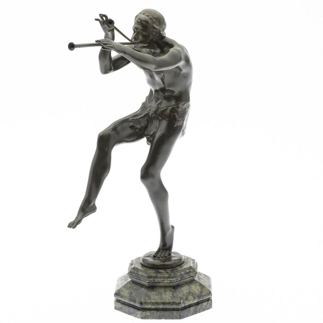 Unsigned, Pan, Bronze, 19th Century: Unsigned, Pan, Bronze, 19th Century, on an octagonal stone base, unsigned. MEASURMENTS: Height: 11 3/4 in. x Width: 8 in. x Depth: 4 in.