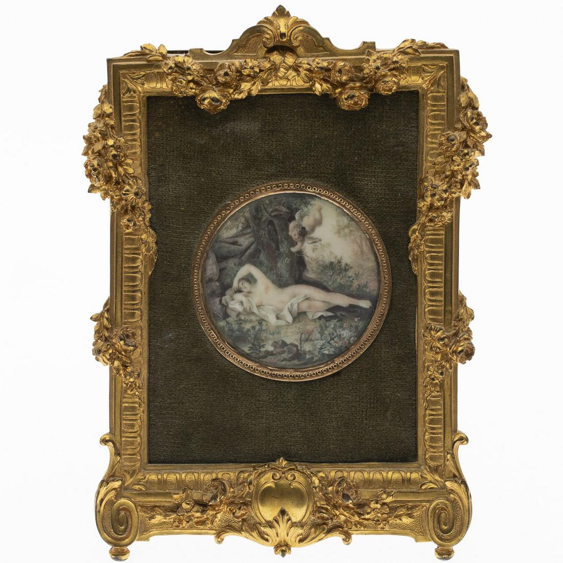 Miniature Portrait of a Nude with Putti, 19th C: Miniature Portrait of a Nude in a Landscape with Putti, 19th C., unsigned, depicting a reclining nude female in a forest with winged putti with a bow and arrow, in a gilt-metal frame with green velvet