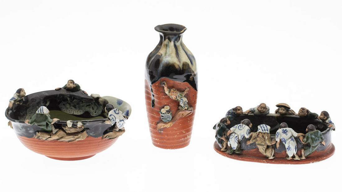 Sumida Gawa Vase and Two Pottery Bowls: Sumida Gawa Vase and Two Pottery Bowls, decorated with figures, vase and smaller bowl with impressed mark on bottom. MEASURMENTS: Height: of vase 8 in. x Width: of largest bowl 8 1/2 in.