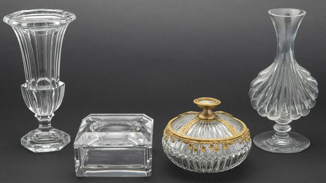 4 Glass Table Articles Including Baccarat: 4 Glass Table Articles Including Baccarat, comprising a Val Saint Lambert square glass box, round gilt-metal and glass box with portrait miniature on lid (portrait illegibly signed with some staining)