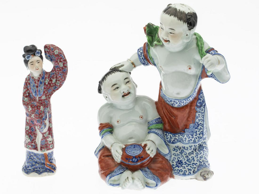 Chinese Porcelain Guanyin and a Figural Group: Chinese Porcelain Guanyin and a Figural Group, the Guanyin of a woman in a red and blue robe (marked 'China'), and two laughing figures in orange and blue robes. MEASURMENTS: Height: of figural group
