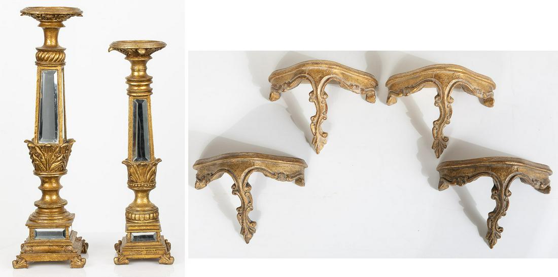 Italian Style Candlesticks & 4 Wall Brackets: Italian Style Candlesticks & 4 Wall Brackets, comprising one small and one large giltwood and mirrored candlestick, and a group of four similar giltwood wall brackets with scrolled legs. Size of wall 