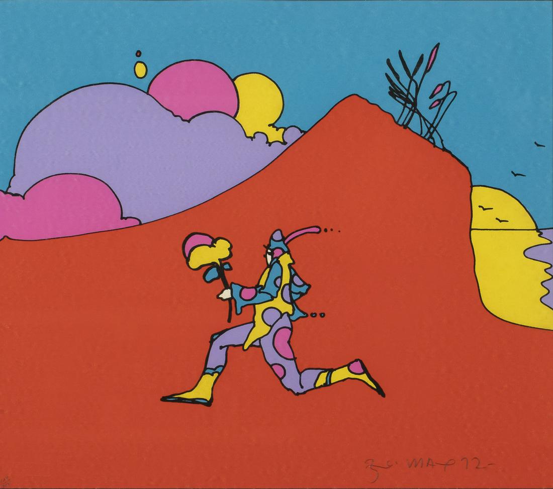 Peter Max, Clown, Lithograph: Peter Max, Clown, Lithograph, (German/American, b. 1937) pencil signed and dated '72 lower right and numbered 134/300 with embossed 'London Arts Gallery' and another mark lower left, depicting a runni
