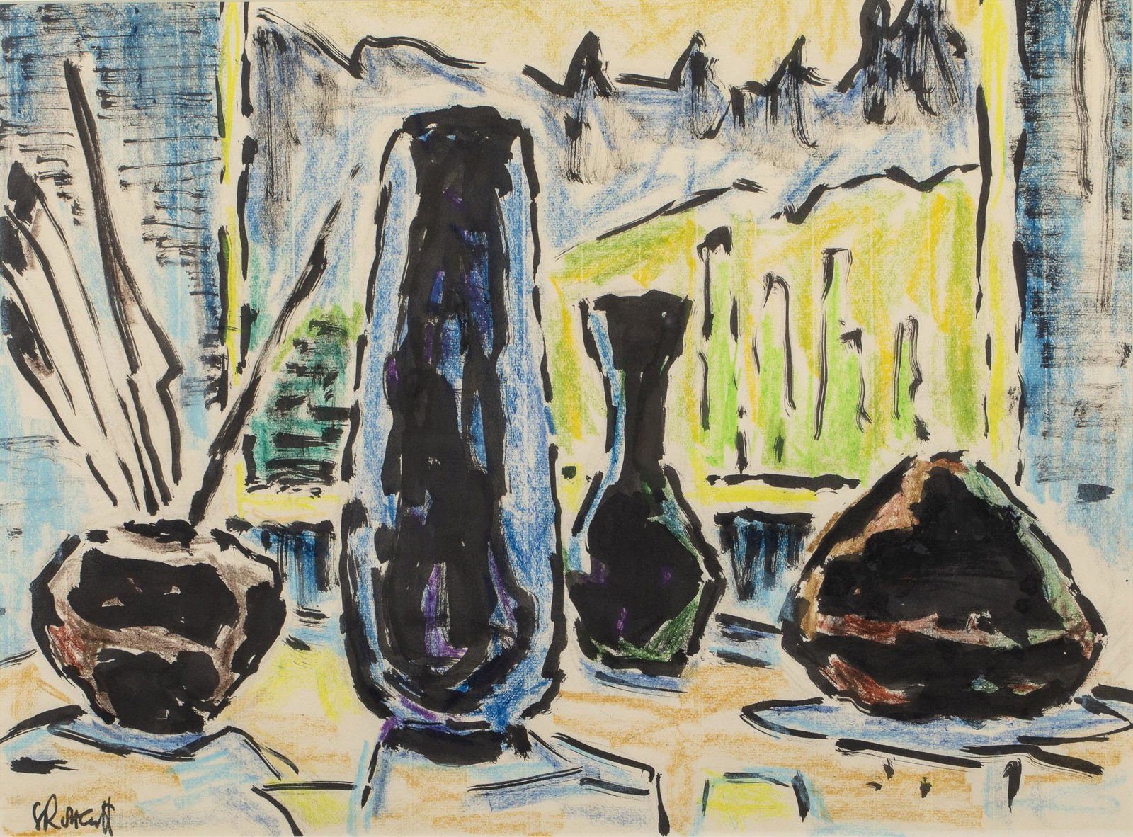 Karl Schmidt-Rottluff, Still Life, Pastel & India Ink: Karl Schmidt-Rottluff, Still Life, Pastel and India Ink, (German, 1884-1976), signed lower left, pastel and India ink on wove paper, depicting vases in front of a window, together with letters and pho