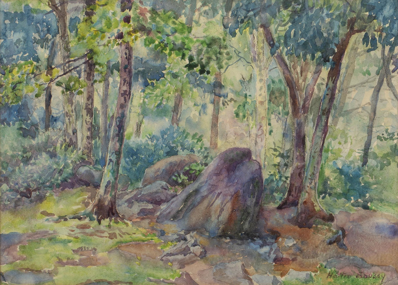 Hattie Saussy, Forest Landscape, Watercolor: Hattie Saussy, Forest Landscape, Watercolor, (Savannah, 1890-1987), signed lower right, depicting a forest with trees and rocks, matted and framed. Frame size: 18 5/8 in. x 21 5/8 in. Hattie Saussy wa