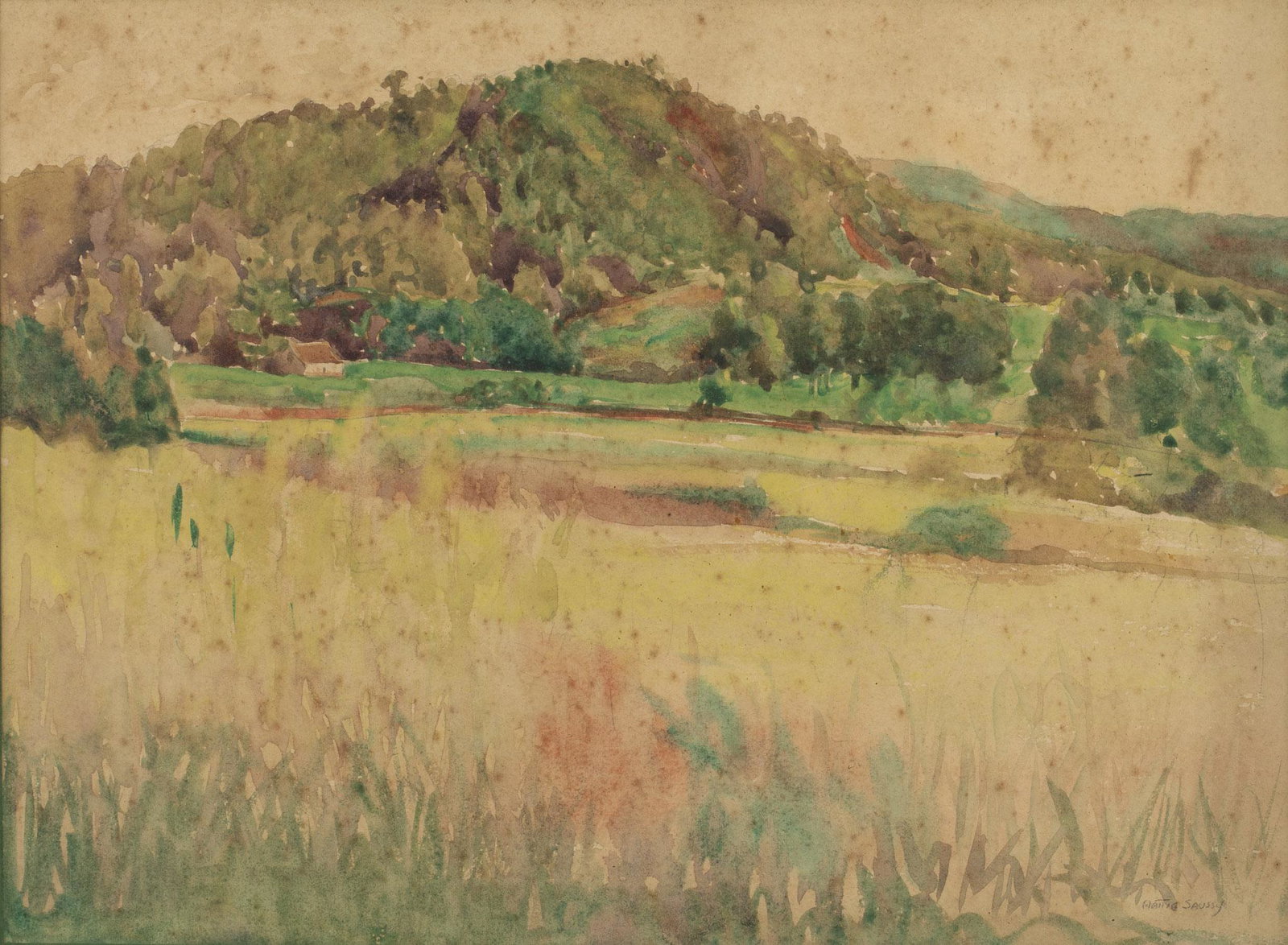 Hattie Saussy, Landscape, Watercolor: Hattie Saussy, Landscape, Watercolor, (Savannah, 1890-1978), pencil signed lower right, depicting a grassy field with hills in the background, matted and framed. Frame size: 17 1/8 in. x 21 1/8 in. Ha