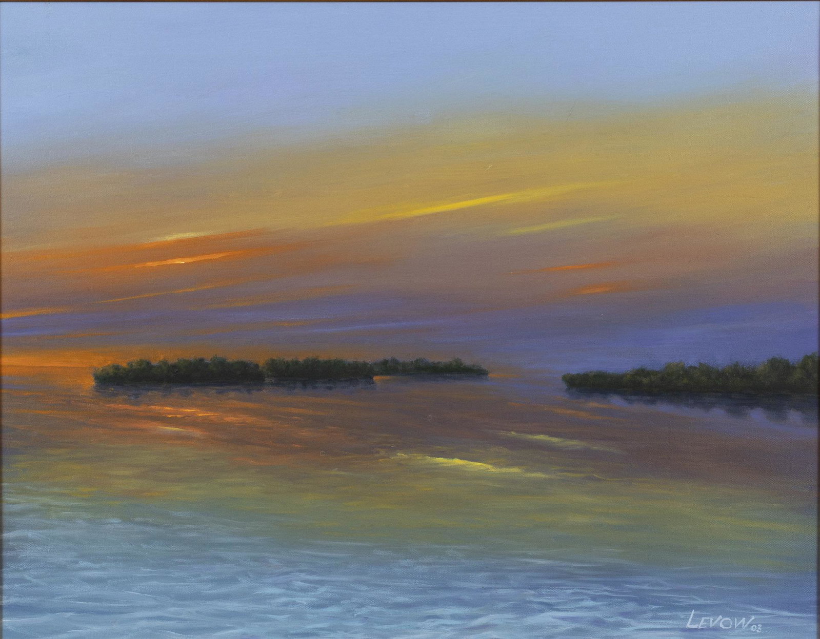 Larry Levow, On the way Little Torch Key I, O/C: Larry Levow, On the way Little Torch Key I, Oil on Canvas, (Savannah, b. 1937), signed and dated '03 bottom right, depicting a sunset reflected on a body of water with islands in the background, in a 