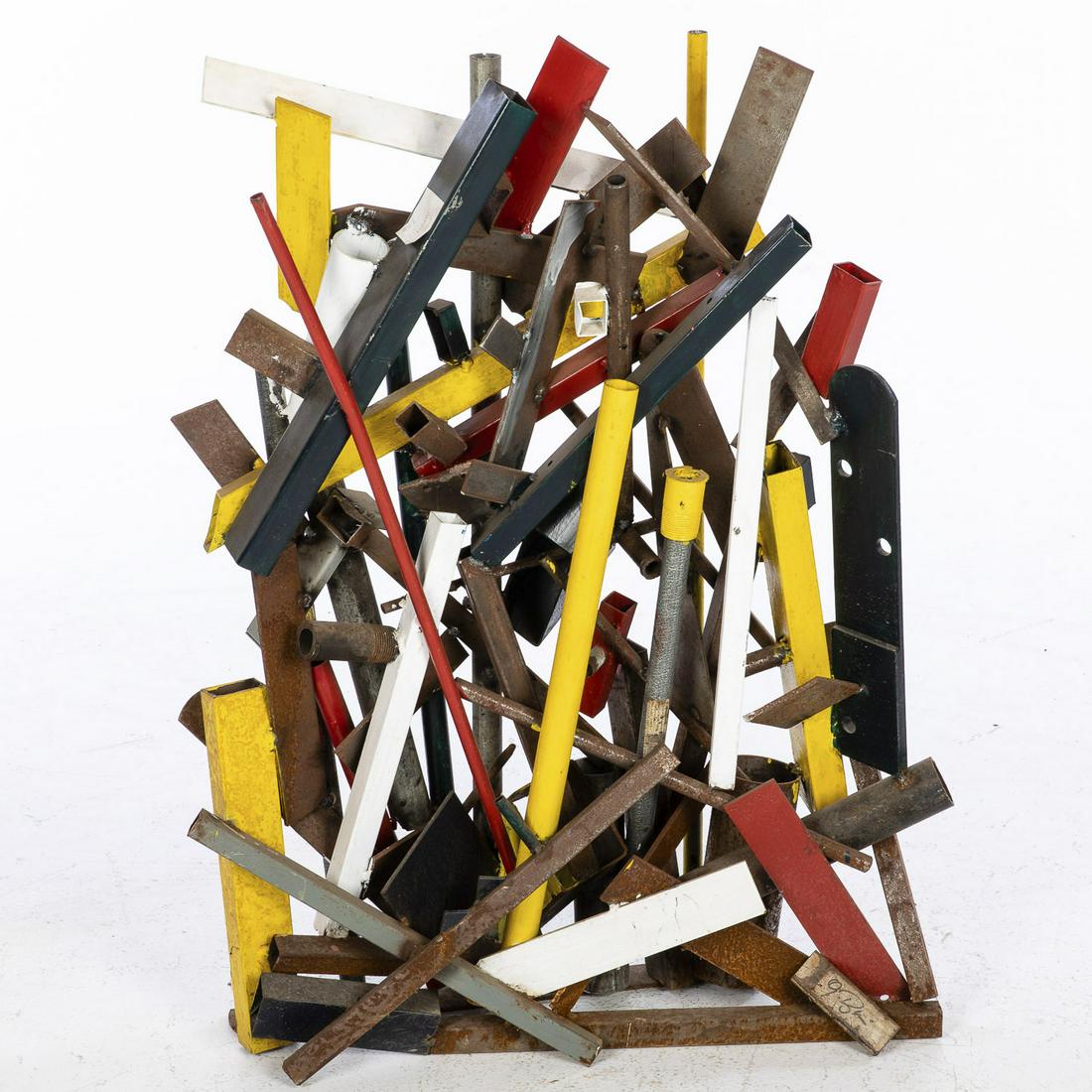 John Bucci, Untitled, Metal Sculpture: John Bucci (Illinois, 1935-2019), Untitled, Metal Sculpture, signed on the base, with yellow, white, black and red painted metal pieces. H. 36 in. x W. 25 in. x D. 6 in. John Bucci, who worked from a 