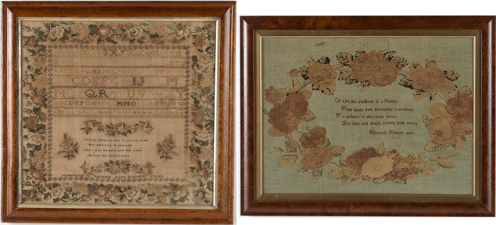 Two Framed Needleworks: Two Framed Needleworks, comprising a sampler by Josephine G. Parker, Age 11 years, embroidered with alphabet, poem and floral border and a needlepoint by Hannah Kaizer 1867 with poem within border of 