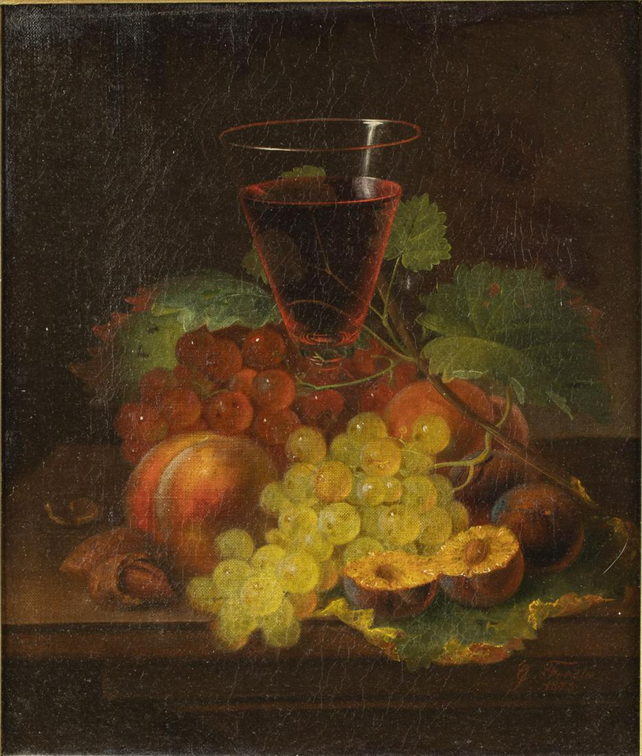 George Forster, Still Life with Wine and Fruit, Oil: George Forster, Still Life with Wine and Fruit, Oil, (NY/Germany, 1817-1896), Still Life with Wine and Fruit, oil on canvas, signed and dated 1873 lower right, depicting wine glass with grapes, peache