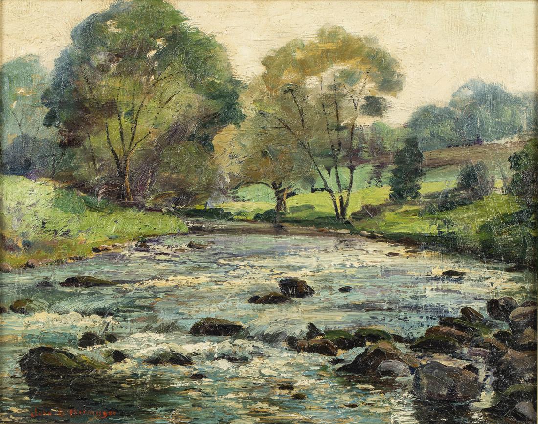 John Berninger, Little Lehigh Creek, Oil on Board: John Berninger, Little Lehigh Creek, Oil on Board, (Pennsylvania, 1897-1981) signed lower left, depicting a rocky stream with trees in the background. Frame size: 20 1/4 in. x 24 1/4 in. MEASURMENTS: 