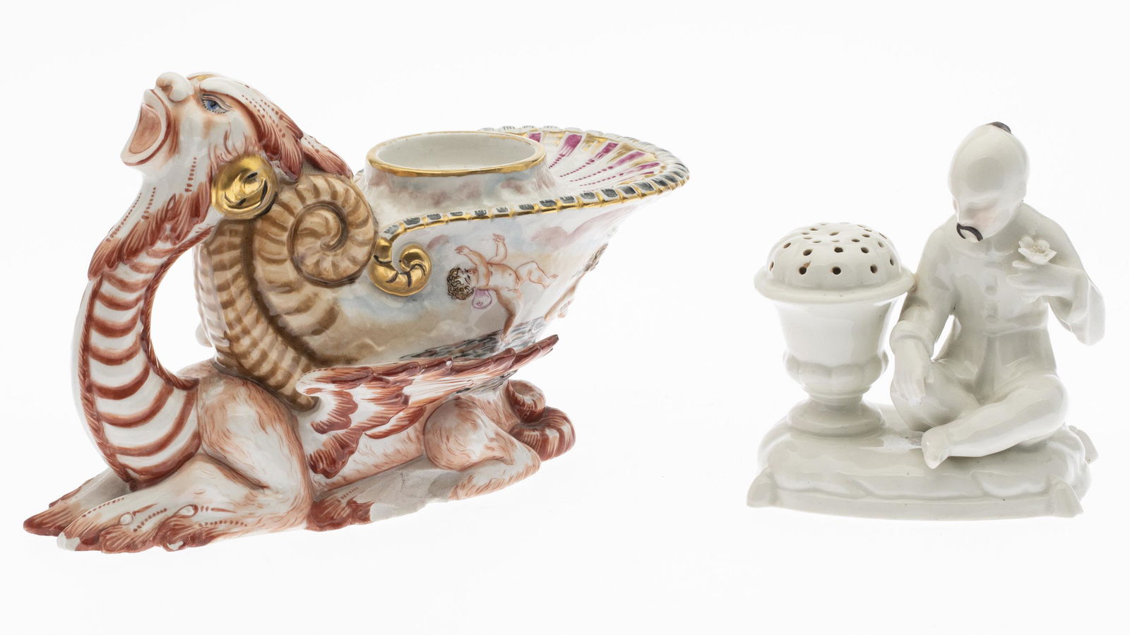 Capo-di-Monte Ink Well & Chinoiserie Incense Burner: Capo-di-Monte Gryphon and Shell Ink Well and a Chinoiserie Incense Burner, comprising a Capo-di-Monte inkwell in the form of a griffin with a shell decorated with figures on its back (marked on bottom