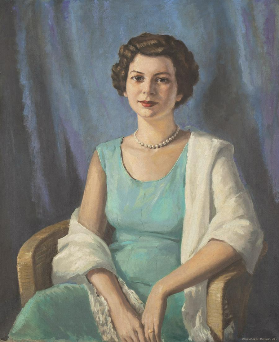 Christopher A. D. Murphy, Kathryn Waller Portrait, O/C: Christopher A. D. Murphy, Kathryn Waller Portrait, Oil on Canvas, (Savannah, 1902-1973), signed 'Christopher Murphy Jr.' lower right, depicting woman in a blue dress, cream shawl and pearls seated in