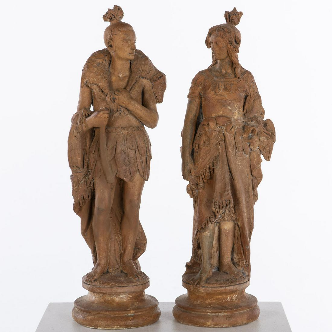 Pair of Painted Plaster Figures: Pair of Painted Plaster Figures, comprising a male figure holding a sheep over his shoulders, and a female figure holding a bird in one hand. Both signed 'F.V.H' near base by feet with 'Bunny Williams